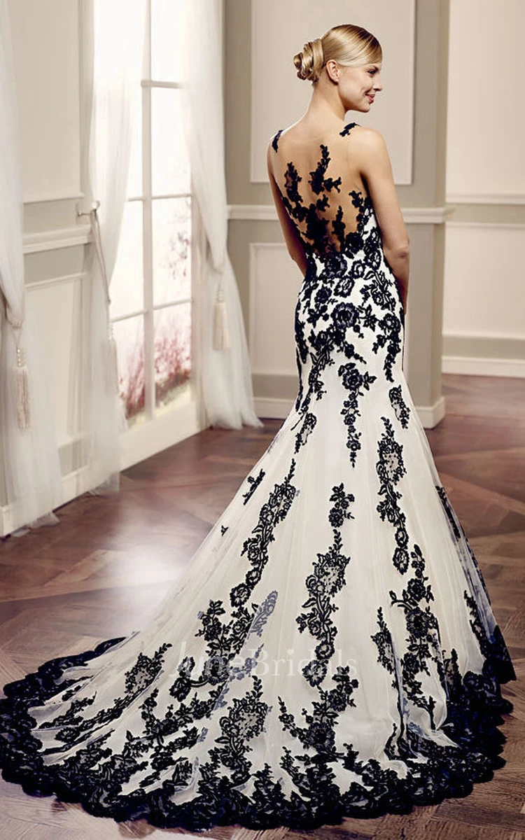 Mermaid Floor-Length Bateau Appliqued Sleeveless Lace Wedding Dress With Illusion Back And Court Train