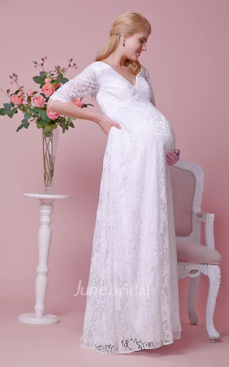 Allover Lace Deep-v Neck Maternity Wedding Dress With 3 4 Sleeves
