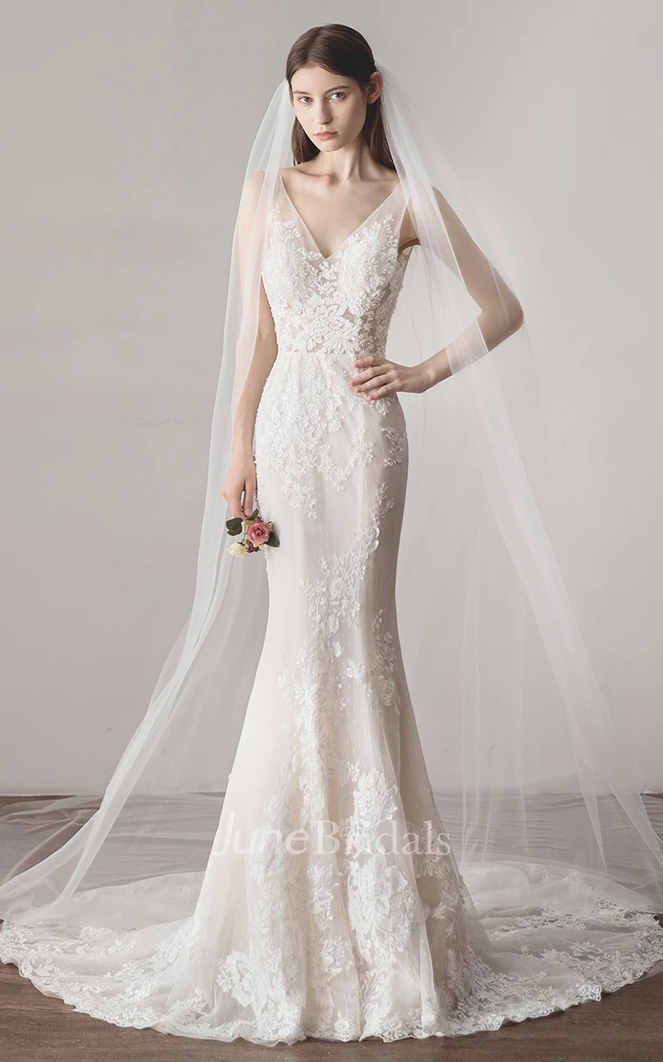 Deep V-back Sleeveless Simple Mermaid Wedding Dress With V-neck Lace And Illusion Top