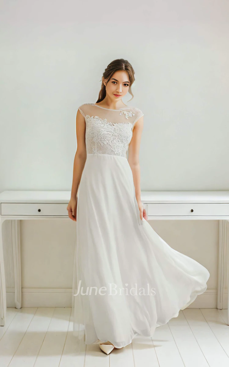 Jewel Neck Sleeveless Elegant Lace Appliques Ankle-length Sheath Wedding Bride Dress with Button Illusion Back