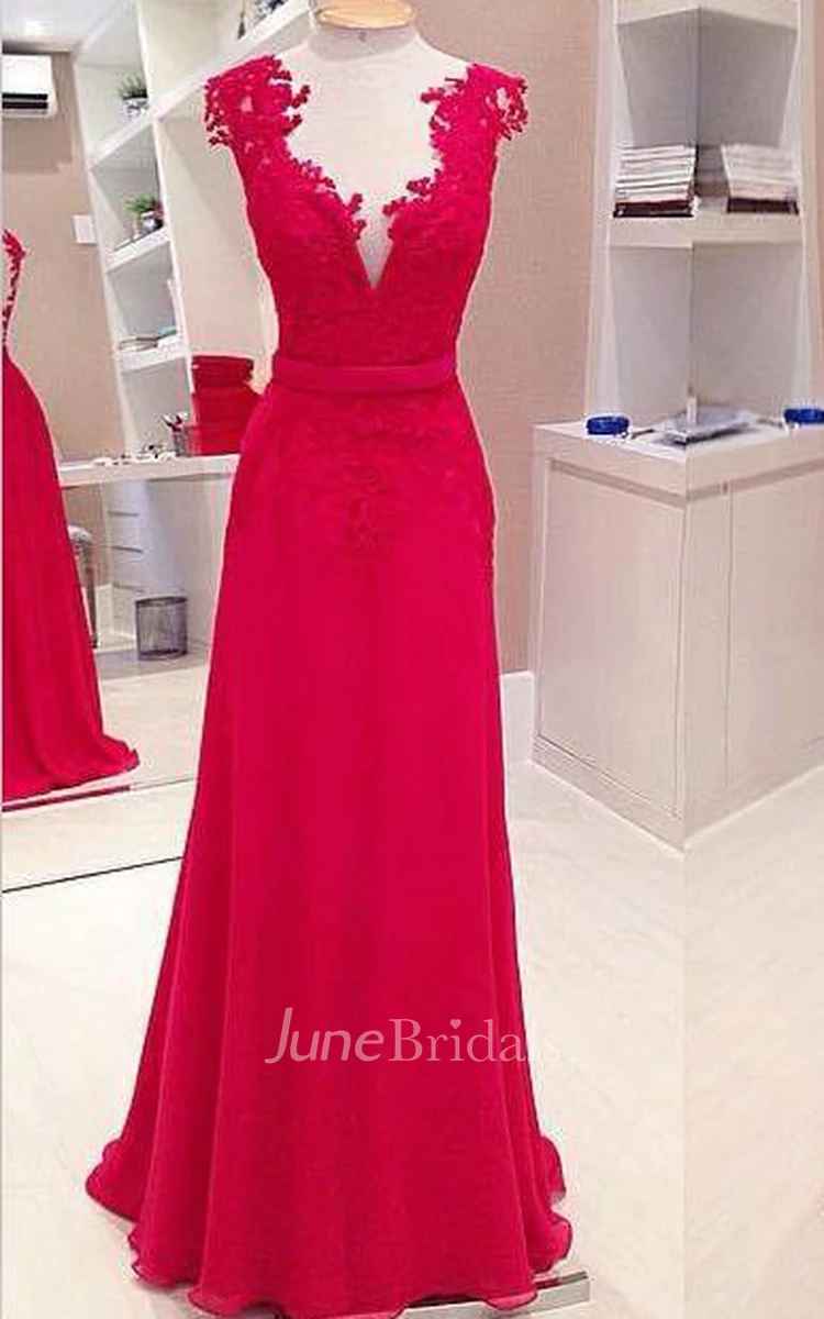 Sexy Red Deep V-Neck Prom Dresses Sleeveless Chiffon Evening Dresses With Bowknot