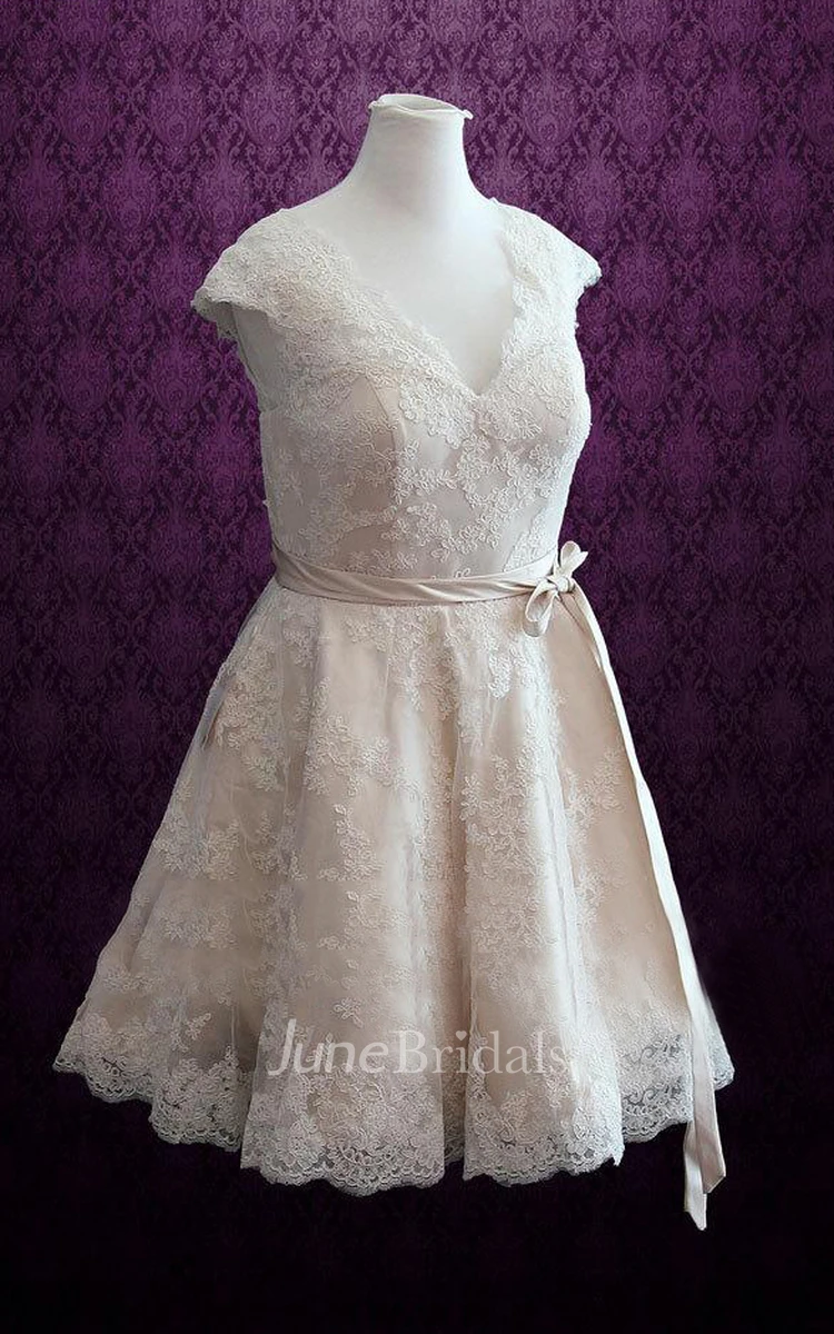 V-Neck Cap Sleeve Lace Dress With Sash And Bow