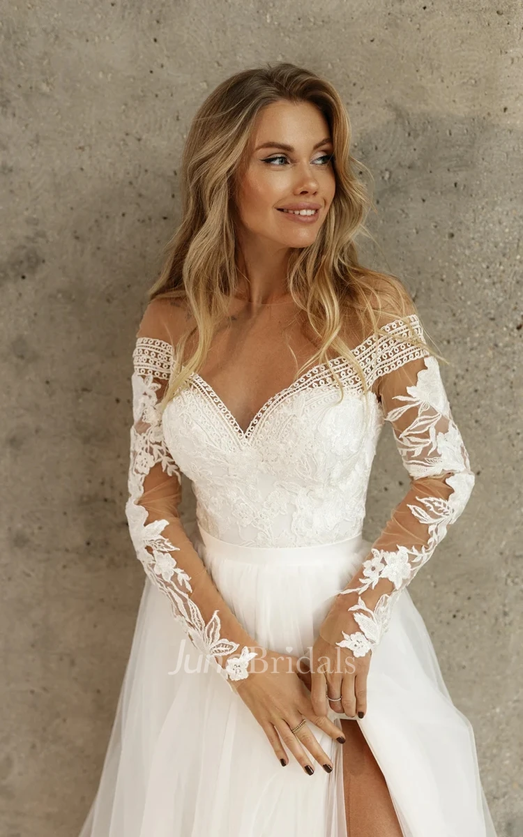 Bohemian A-Line Scalloped Marriage Dress Lace Tulle Brush Train Long Sleeve Button Beading