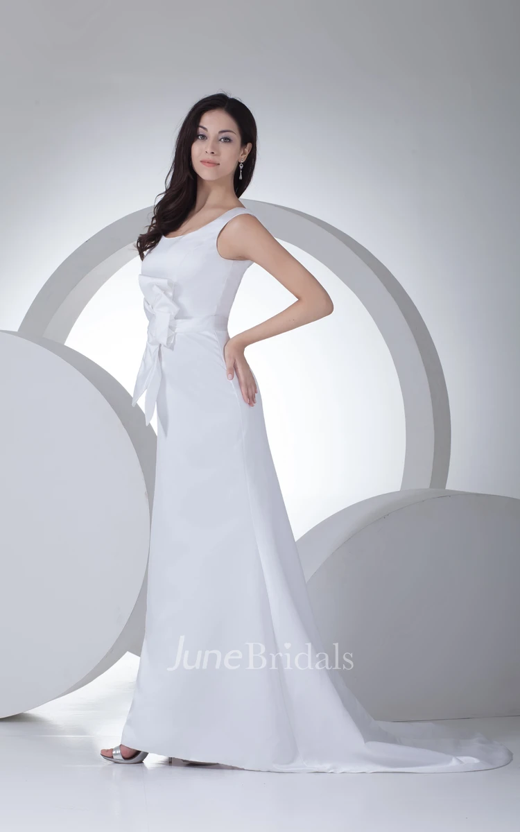 Caped-Sleeve Square-Neck Satin Dress With Bow and Brush Train