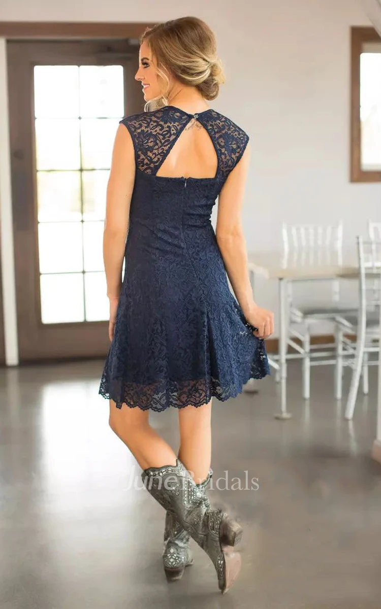 Romantic Adorable Short Mini Sheath Square Lace Simple Sleeveless Keyhole Bridesmaid Dress 