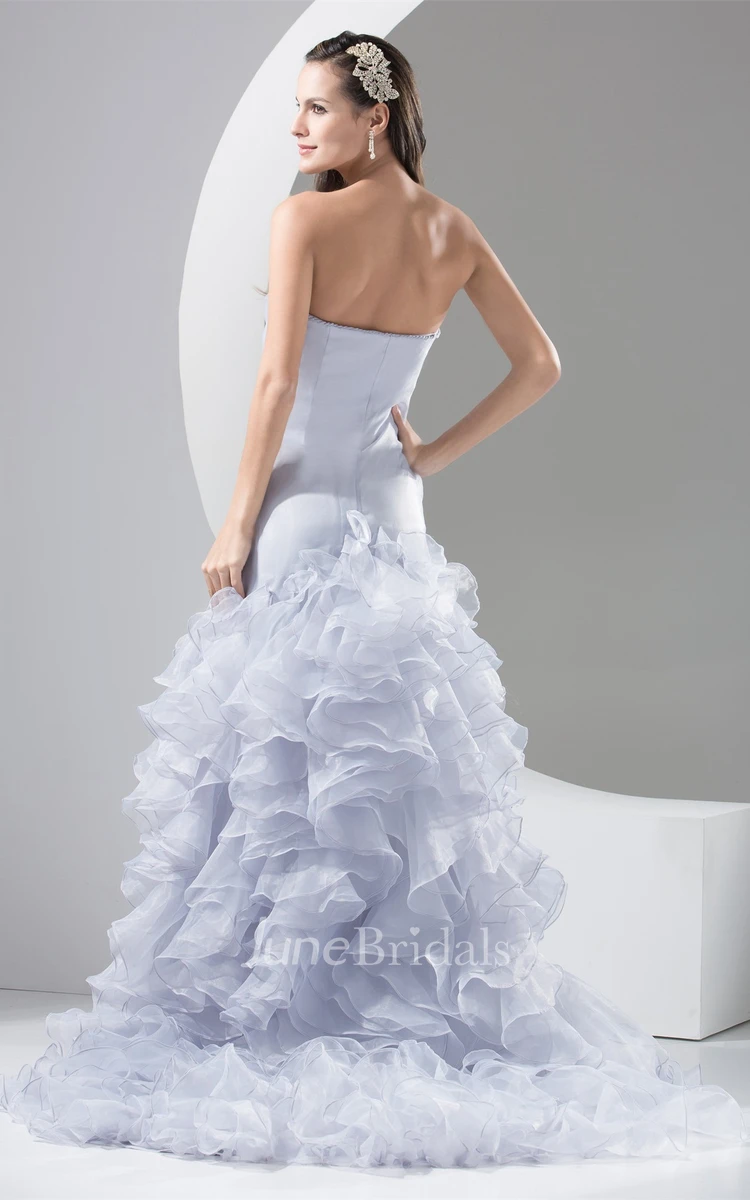 Strapless Column Front-Split Dress with Ruching and Cascading Ruffles