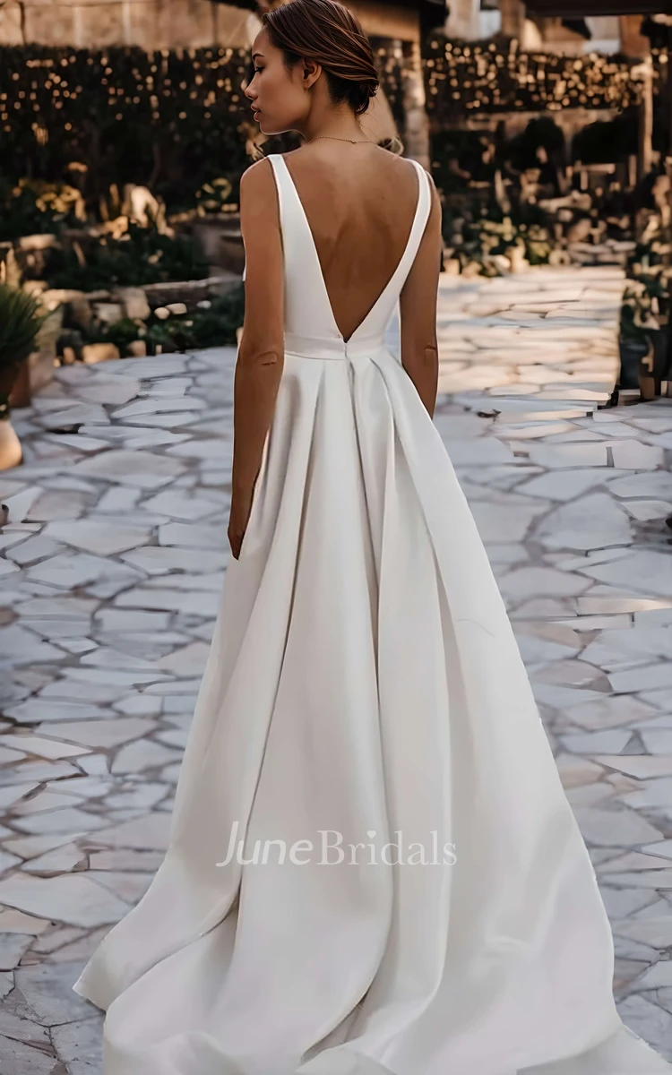 Modern Sexy Satin A-line Sleeveless Wedding Dress Deep V Neck Front Slit Train Gown