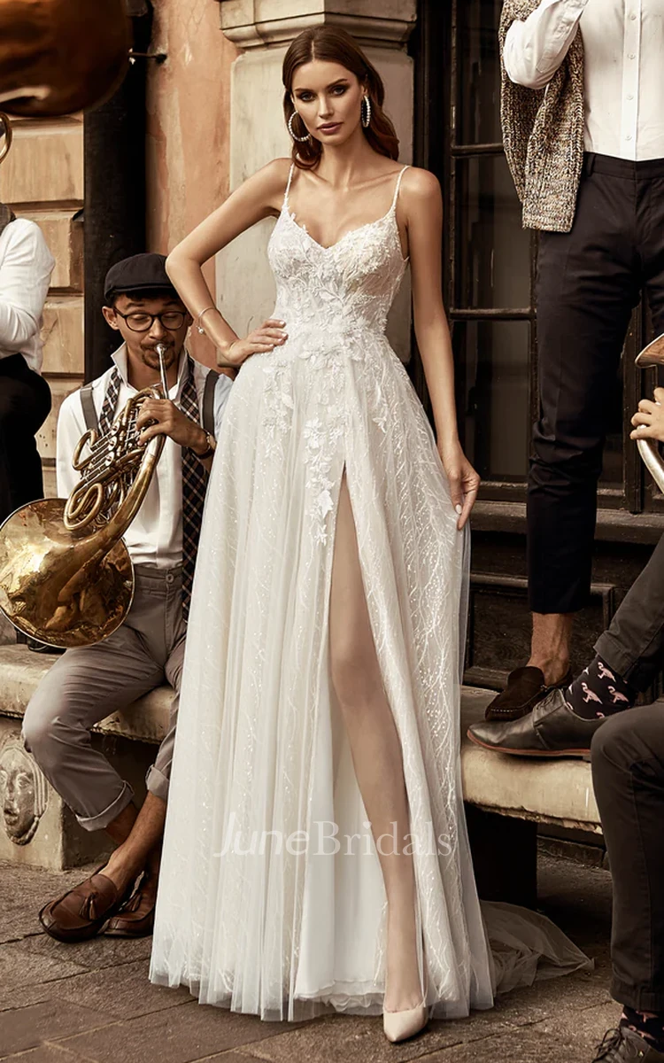 Sexy A-Line Sleeveless Open Back Tulle Country Wedding Dress with Lace  Petals - June Bridals