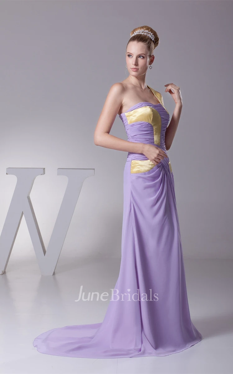 Sleeveless Chiffon Ruched Floor-Length Dress with Single Strap
