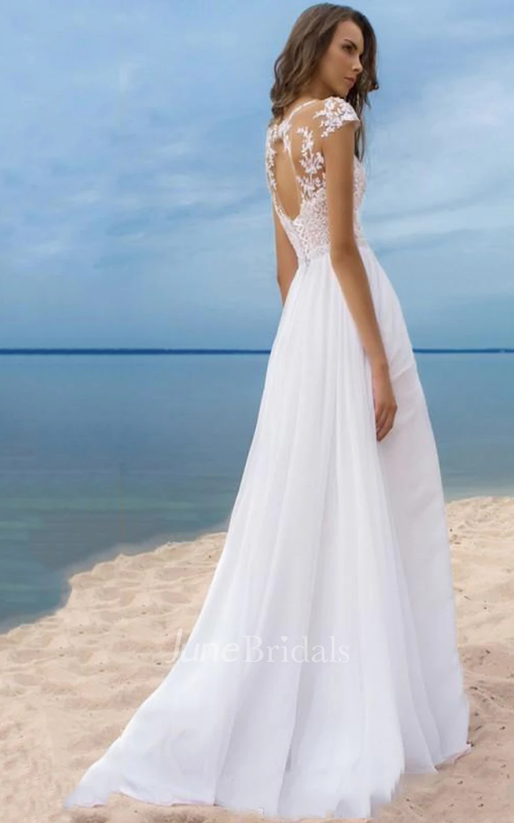 Sexy Beach Style Chiffon A-line Scoop-neck Cap-sleeve Slit Front Dress