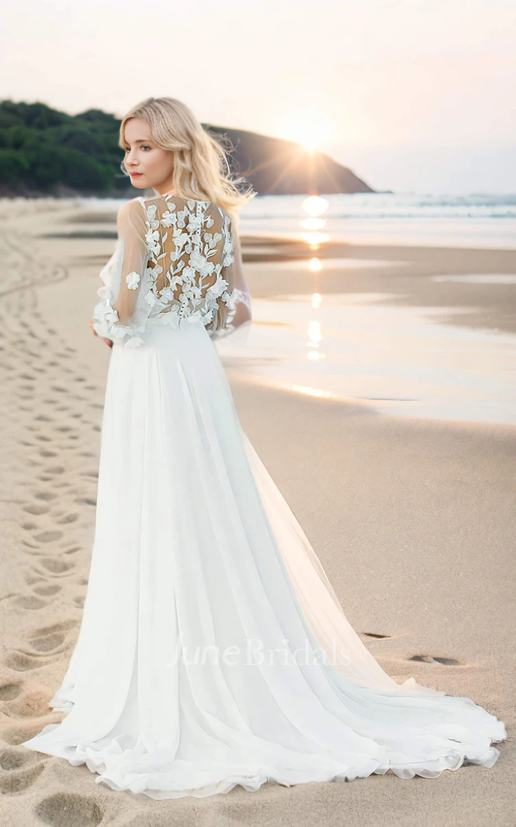 Long Sleeve A-Line V-neck 3D Lace Flower Ethereal Floor-length Wedding Dress with Train