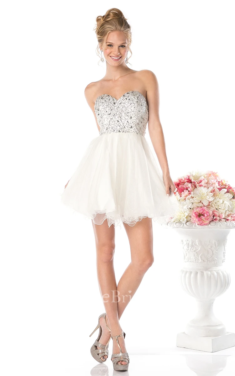 A-Line Short Sweetheart Sleeveless Backless Dress With Beading And Ruffles