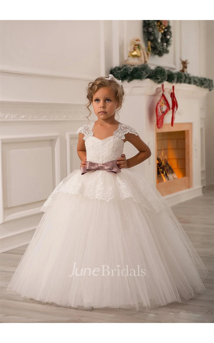 Ivory Cap Sleeve Pleated Tulle Gown With Lace Bodice and Bow Belt