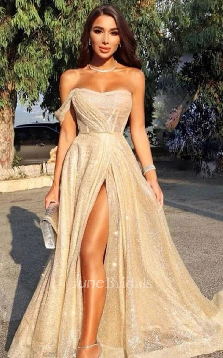 A-Line Off-the-shoulder Sequins Beach Country Prom Evening Dress Simple  Casual Sexy Romantic With Open Back And Split Front - June Bridals