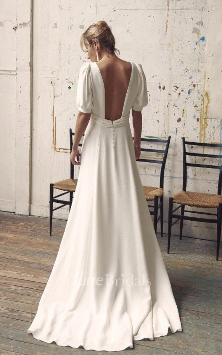 Simple Minimalist Short Sleeves A-Line Wedding Dress Modest Casual Open Back Floor Length Bridal Gown with Sweep Floor