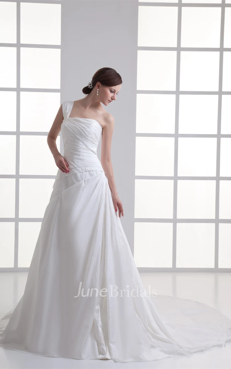 One-Shoulder Ruched A-Line Gown with Side Draping