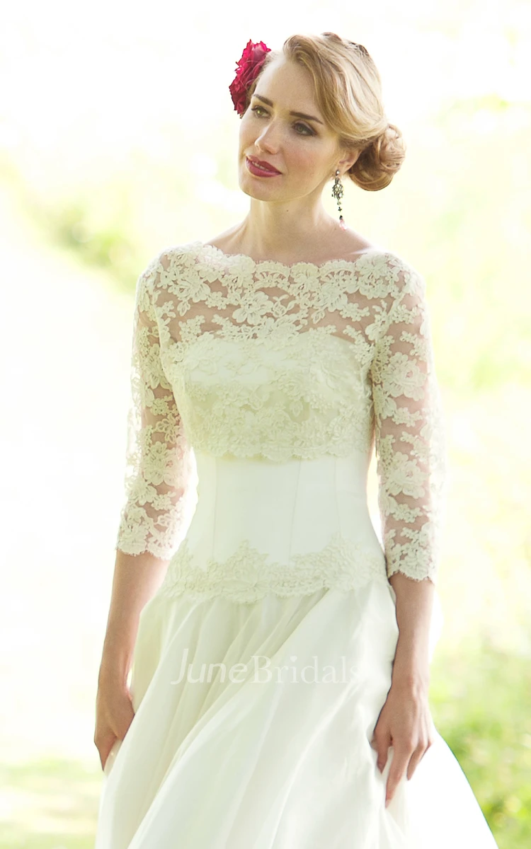 Bateau Floor-Length Lace 3-4-Sleeve Chiffon Wedding Dress