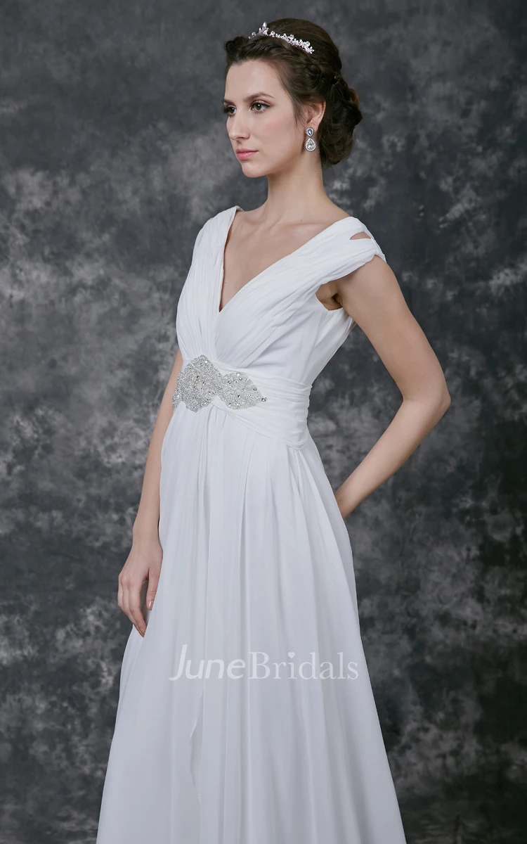 Stunning Crinkle V-neck Chiffon Sheath Gown With Crystal Beaded Empire