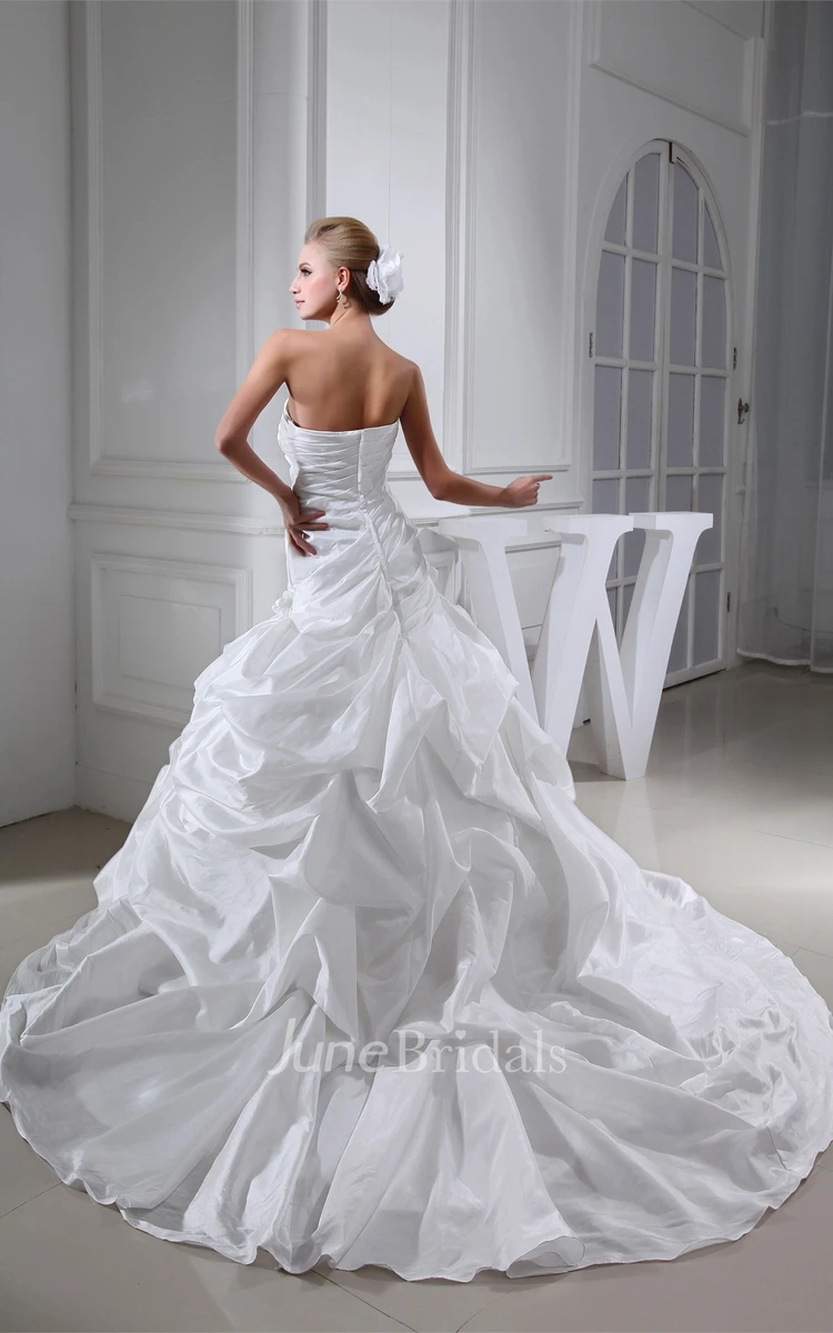 Strapless Pick-Up Ball Gown with Ruching and Floral Embellishment