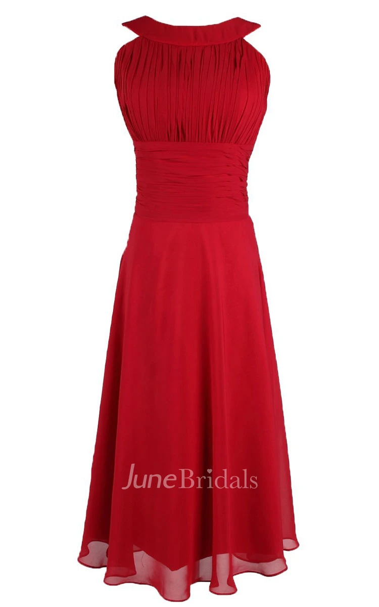 Full Length Sleeveless Pleated Dress With Ruched Waist
