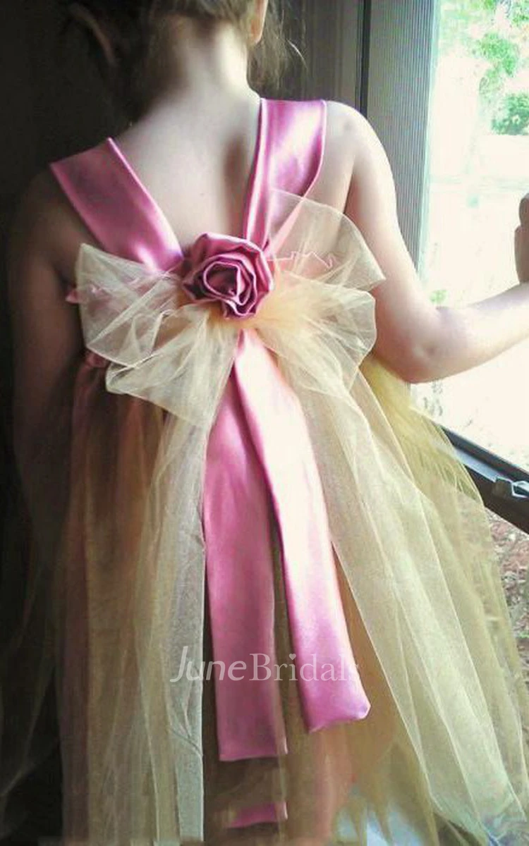 Floral Two-Tone Tulle Dress With Bow