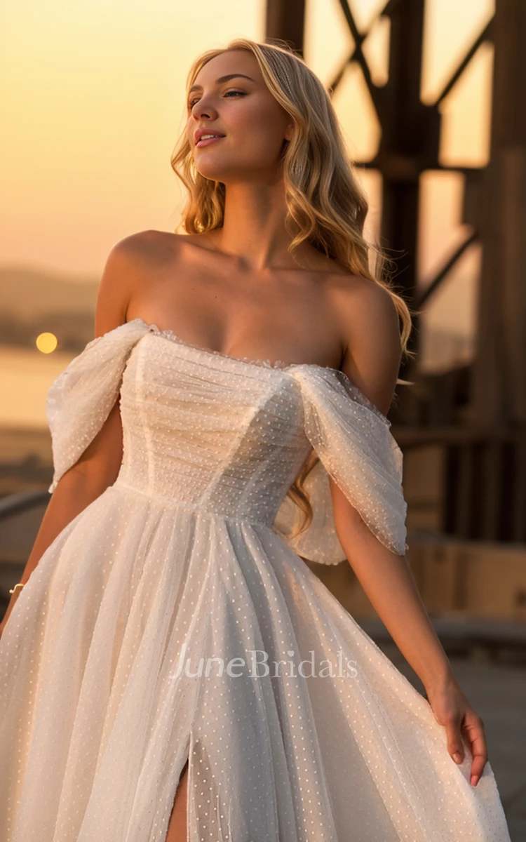 Vintage Romantic Off-the-shoulder A-Line Tulle Wedding Dress Simple Sexy Adorable Lace-up Back Floor-length Split Front Bridal Gown with Train