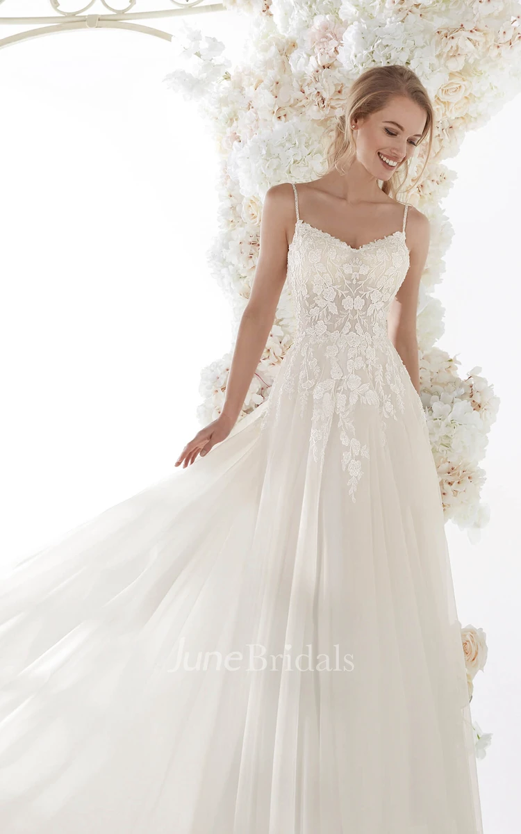 Tulle Open Back Ethereal Spaghetti Straps Bridal Gown With Lace Appliques And Ruching