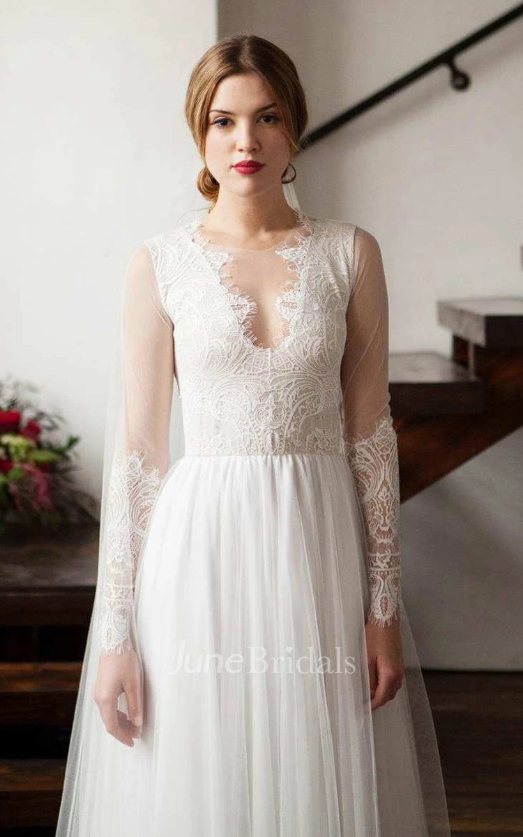 Illusion Scoop-Neck Long Sleeve Lace Tulle Wedding Dress With Pleats