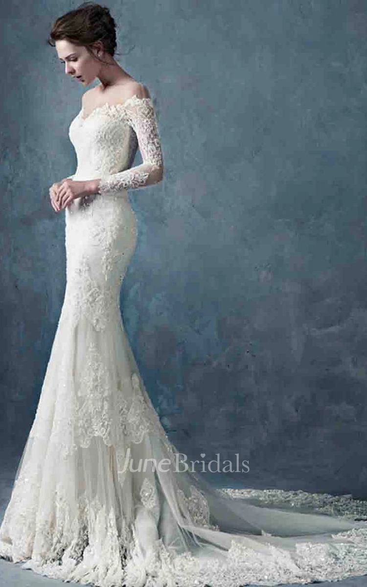 Off The Shoulder Long Lace Sleeve Lace Gown - June Bridals