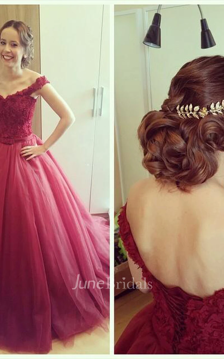 Delicate Lace Appliques Princess Prom Dress Off-the-shoulder Lace-up
