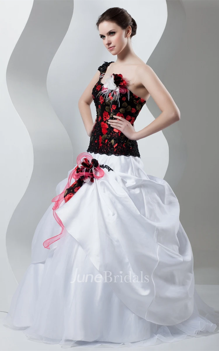 Floral One-Shoulder Pick-Up Gown with Beading and Appliques