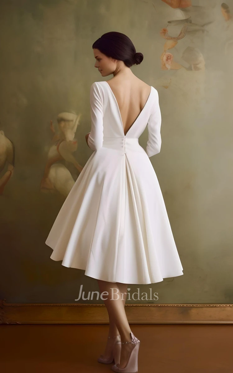 Vintage A-Line V-neck Satin Knee-length Wedding Dress Beach Country Garden Court Simple Elegant Casual Sleeveless