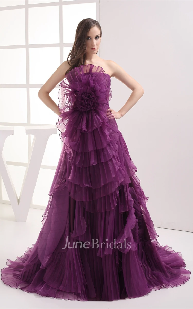 Floral Ruched A-Line Gown with Tiers and Brush Train