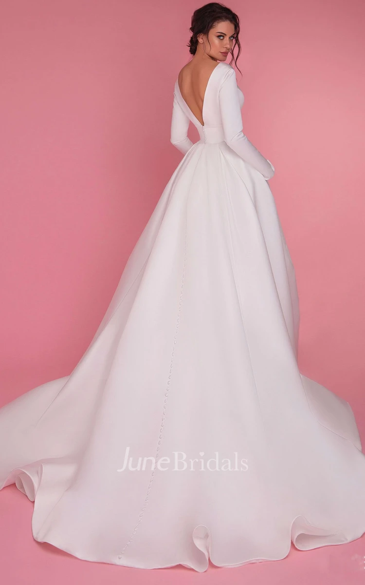 Casual Ball Gown Floor-length Long Sleeve Satin Wedding Dress with Pockets