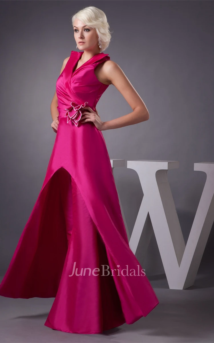 Sleeveless Floor-Length Satin Gown with Ruching and Flower