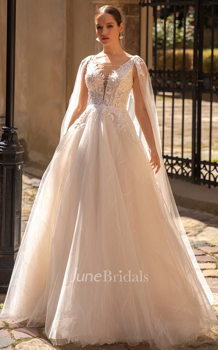 Sweep Train Simple A Line Tulle Wedding Dress with Appliques and Beading