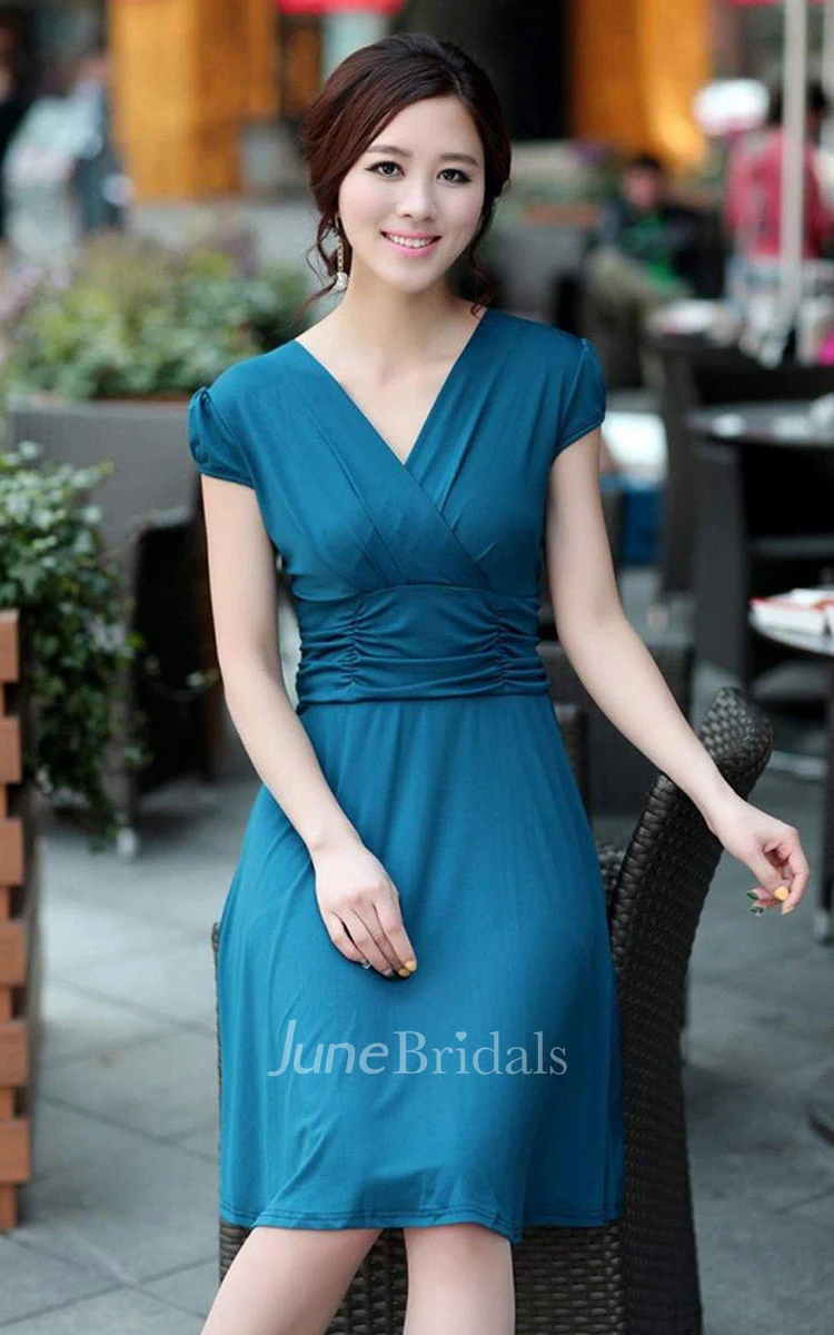 Cap-sleeved Knee-length Dress With Ruching