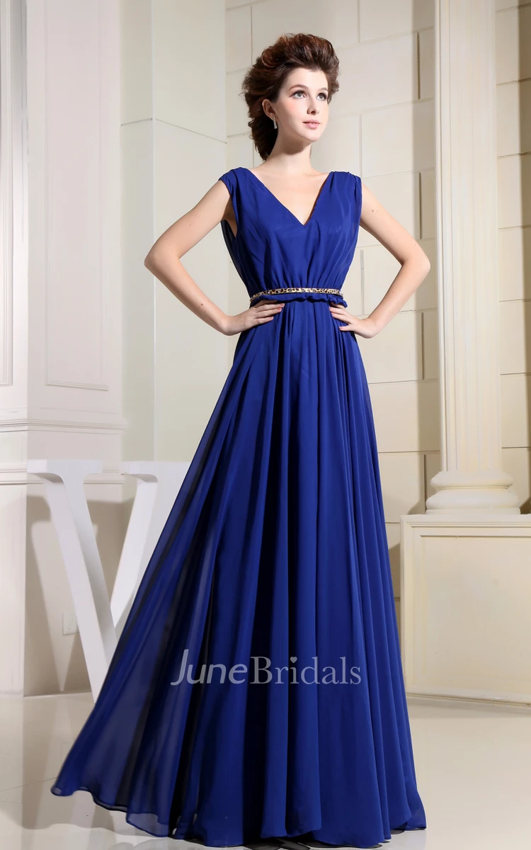 V-Neck Chiffon Floor-Length Dress With Ruching and Cinched Waist