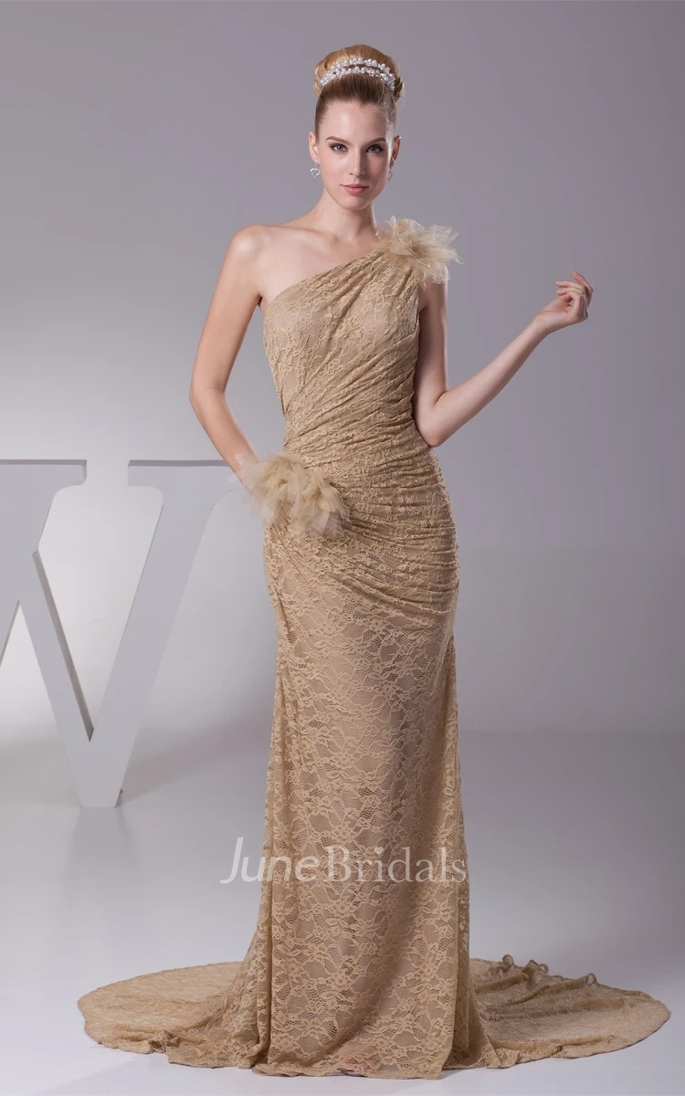 One-Shoulder Lace Sheath Dress with Flower and Side Ruching