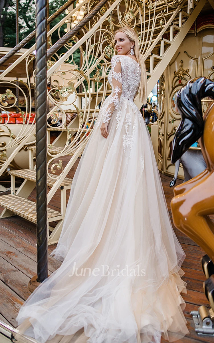 Ethereal Lace and Tulle A-line V-neck Wedding Gown with Chapel Train