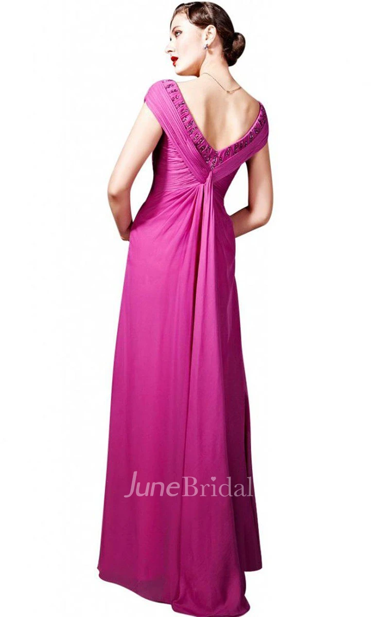 Cap-sleeved Long Gown With V-back and Beadings
