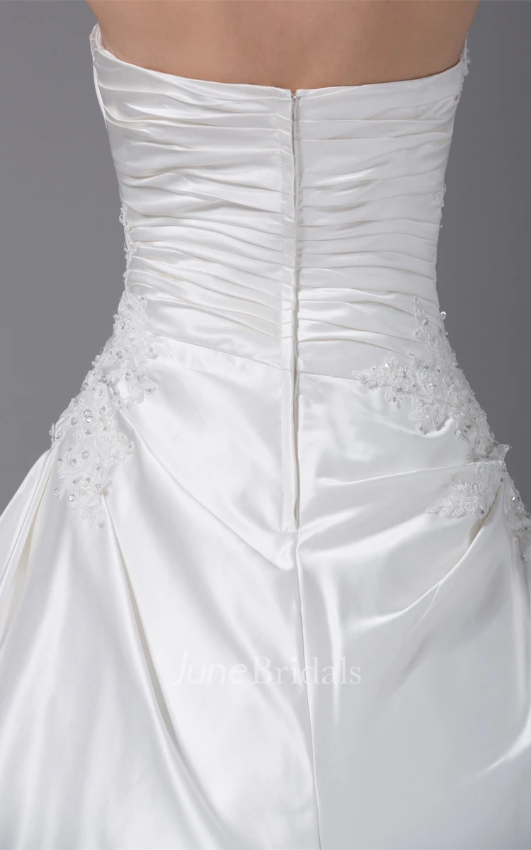 Strapless Ruched Satin Ball Gown with Appliques and Pick Up