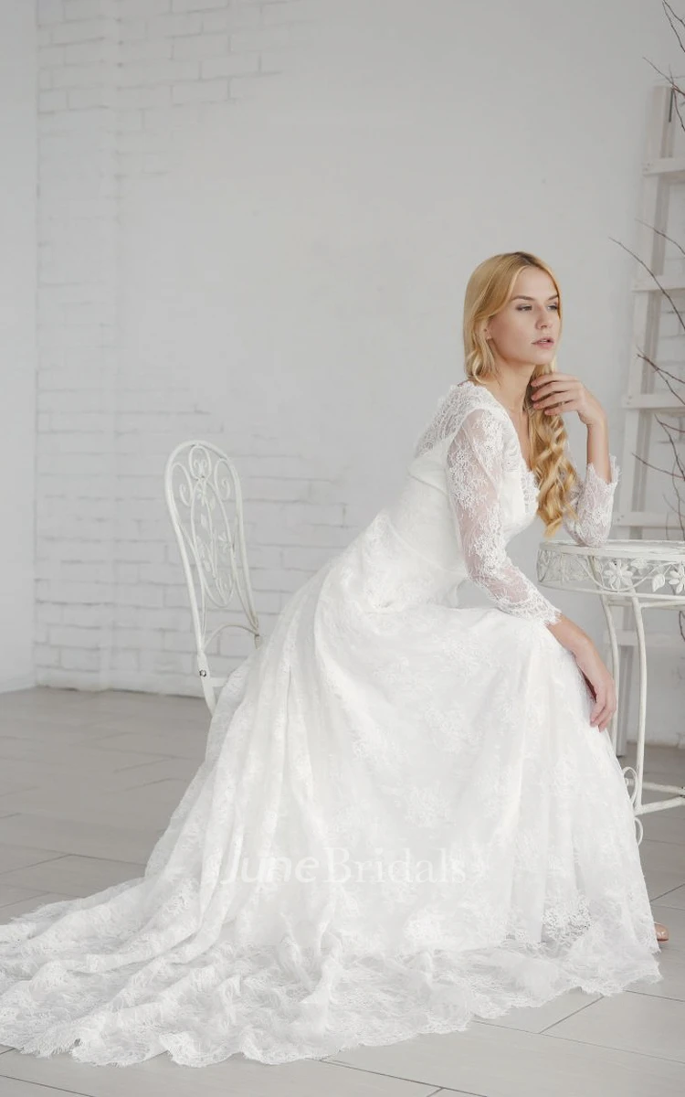 Lace A-line Elegant Long Sleeve Wedding Dress With V-neck And Deep V-back
