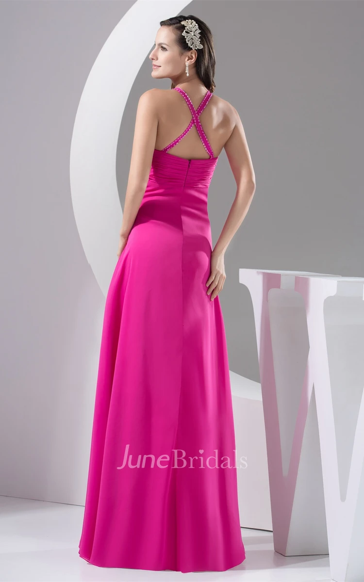 Plunged Criss-Cross Chiffon Maxi Dress with Beading and Broach