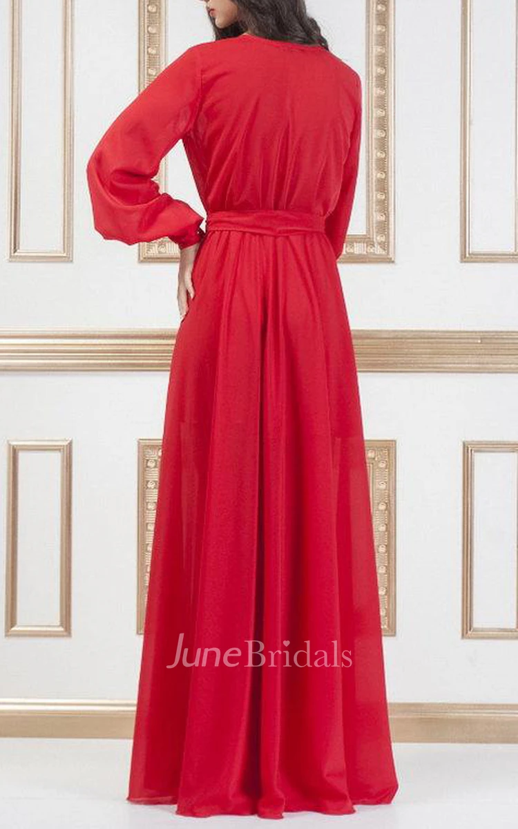 Red Long Chiffon Evening Formal With Sleeves Maxi Bridesmaid Dress