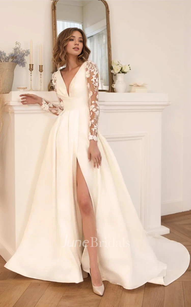 Modern A-Line V-neck Satin Lace Long Sleeve Wedding Dress Romantic V Back Bridal Gown with Train