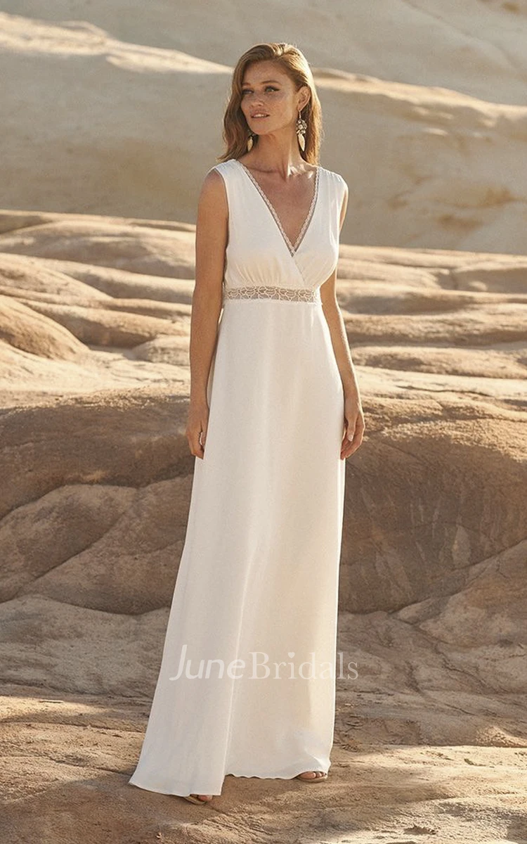 Grecain Chiffon Plunging Sleeveless Wedding Dress With Open Back And Lace Details