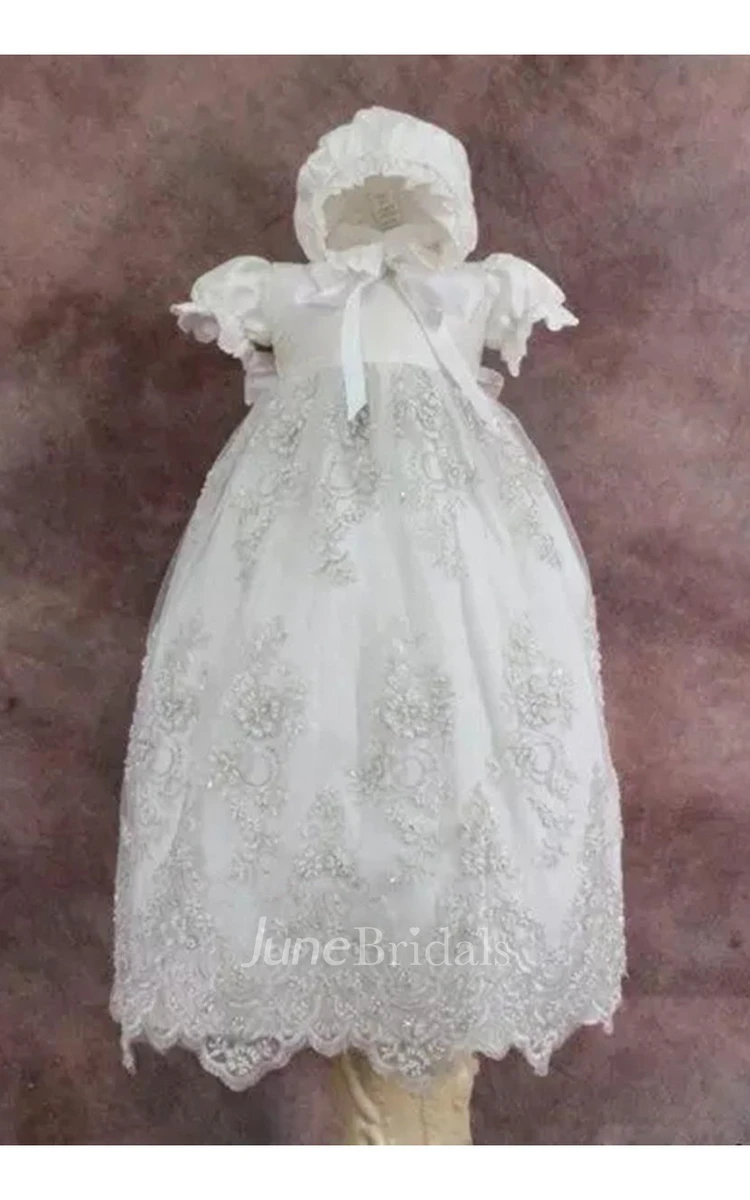 Cute Puff Sleeve Christening Gown With Lace Appliques