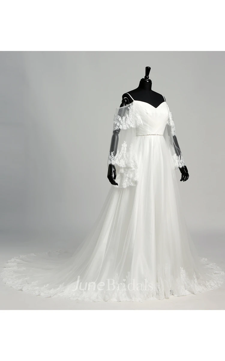 Floor-length Court Train A-line Off-the-shoulder Bell Illusion Long Sleeve Low-V Back Tulle Weeding Dress
