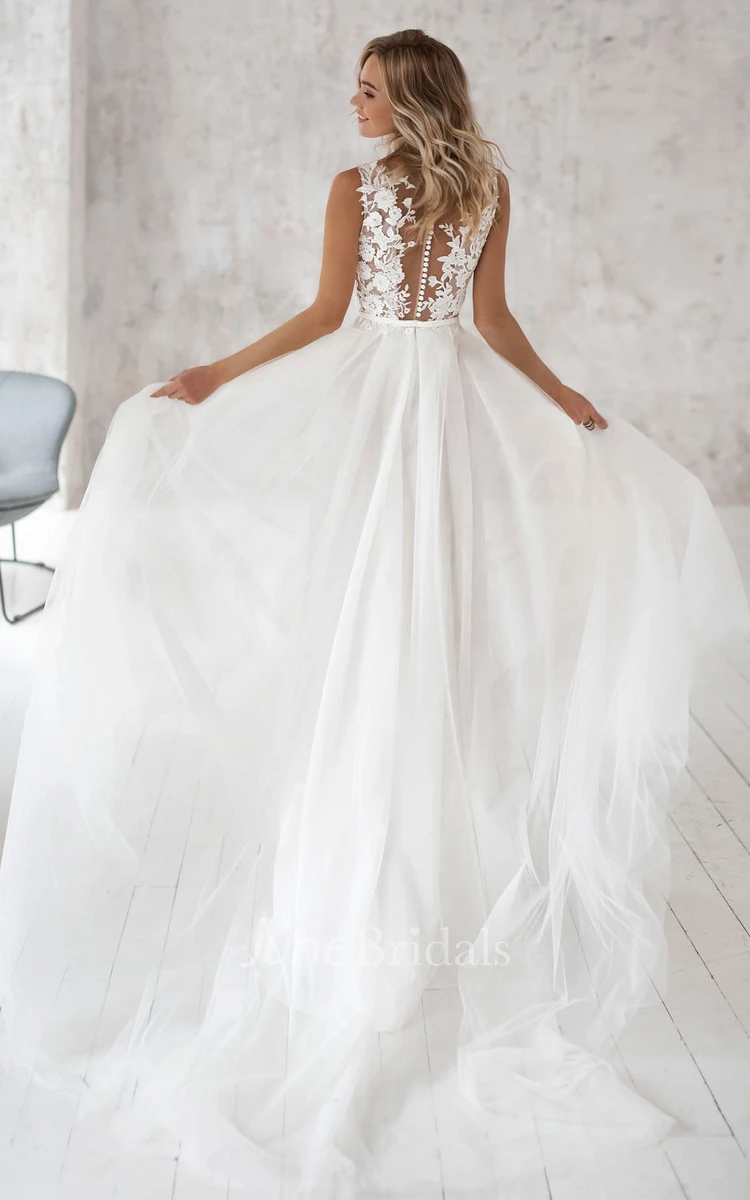 Elegant Lace Tulle V-neck A Line Wedding Dress  Sweep Train with Appliques